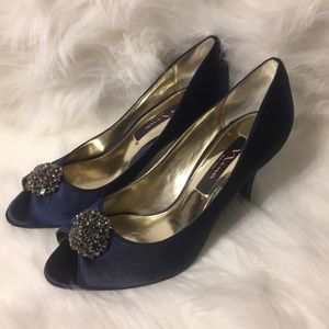 Navy Blue Peep Toe Satin Pumps